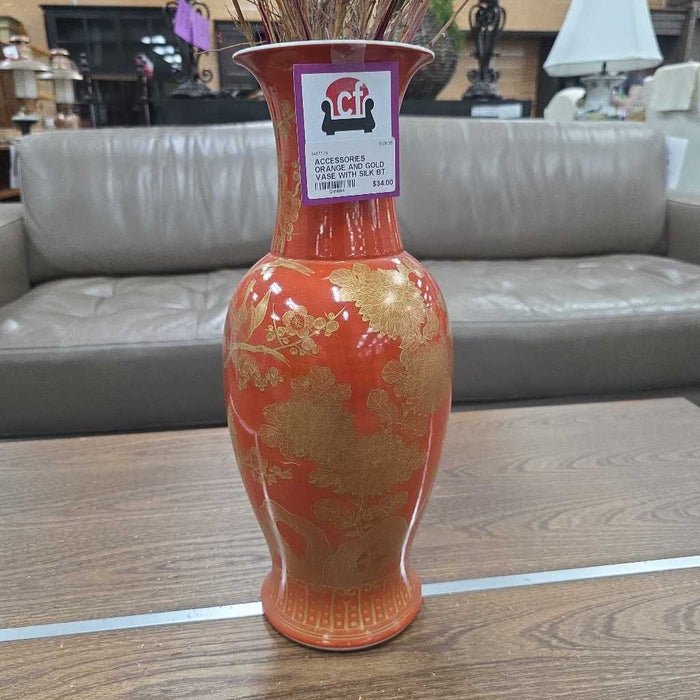 ORANGE AND GOLD VASE WITH SILK BT