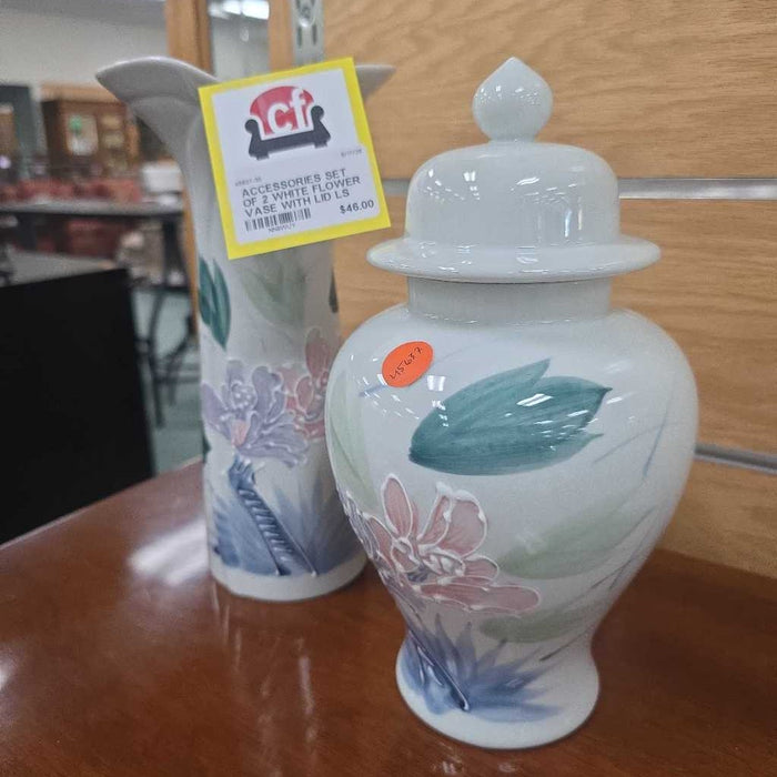SET OF 2 WHITE FLOWER VASE WITH LID LS
