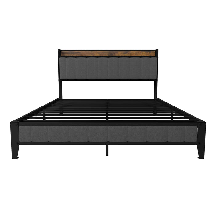Bed With Charging Station, American Design Upholstered Headboard, Metal Platform