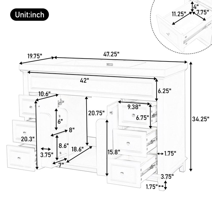 Bathroom Vanity Cabinet Only, 6 Soft Close Drawers & Double Doors - White