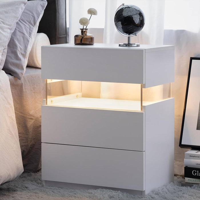 LED Nightstands, 3 Drawer For Bedroom