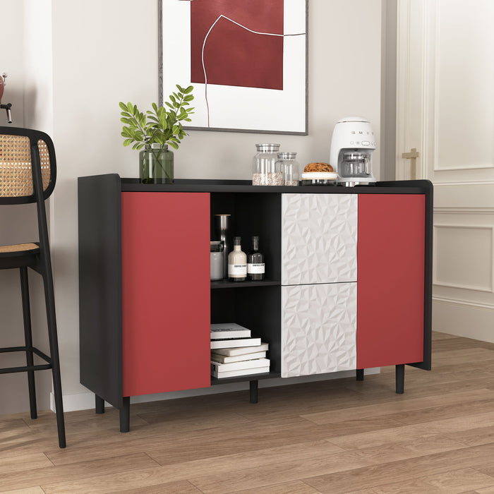 Modern Sideboard Buffet Cabinet With Red Doors And Unique Panel Styling