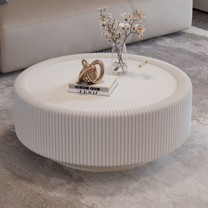 Round Fluted Coffee Table, Base & Hidden Storage - Snow White