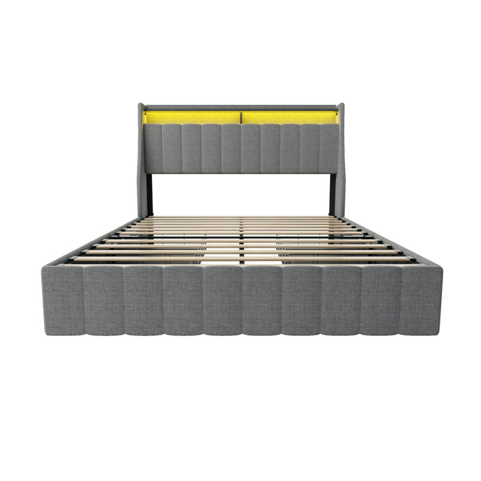 Queen Size Bed Frame With LED Lighting, Winged Headboard With Storage Drawers - Light Gray