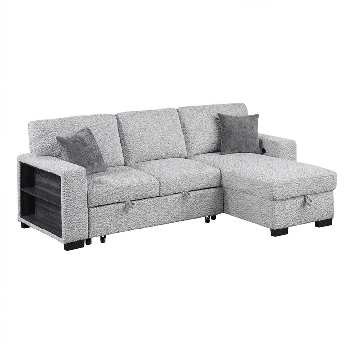 Buzz - Reversible Sleeper Sectional Sofa With Storage Chaise, Console Arm, USB Charging & Cup Holders - Gray