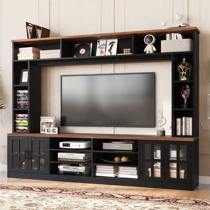 Wall Unit Entertainment Center With Bookshelves For TVs Up To 80", Tempered Glass Doors And Adjustable Shelves