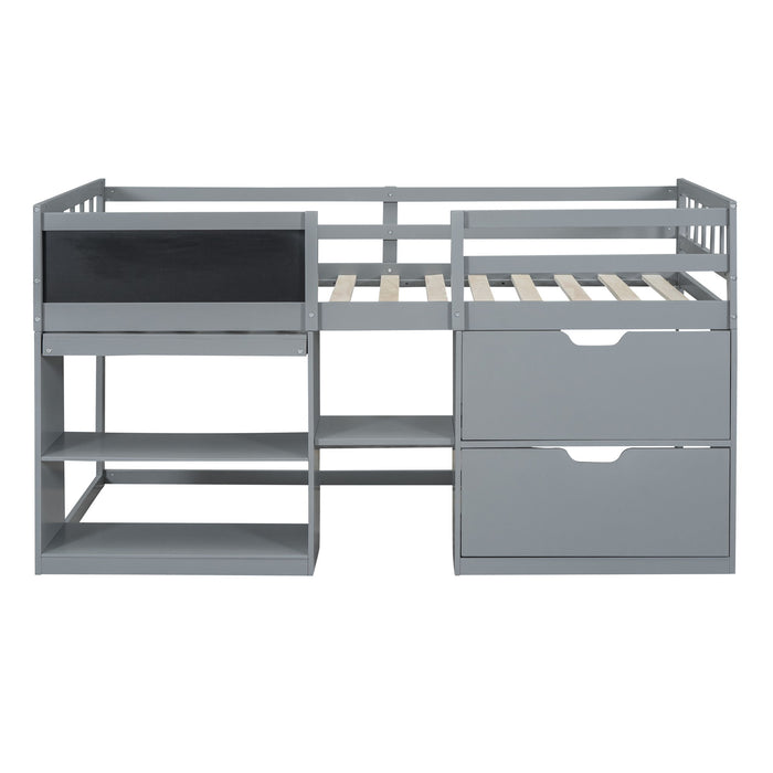 Low Loft Bed With Rolling Desk, Shelf And Drawers