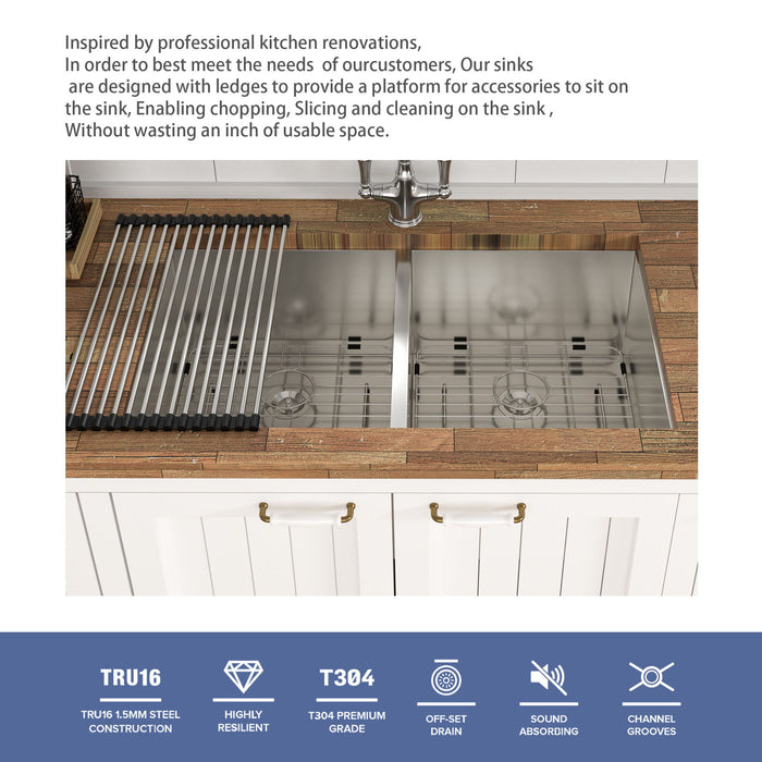 Undermount Double Bowl Kitchen Sink 16 Gauge With 9" Deep Basin - Brushed Nickel