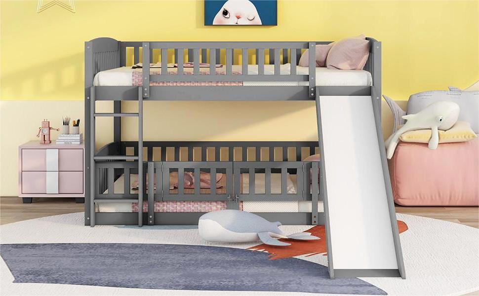 Low Bunk Bed With Slide, Fence And Ladder