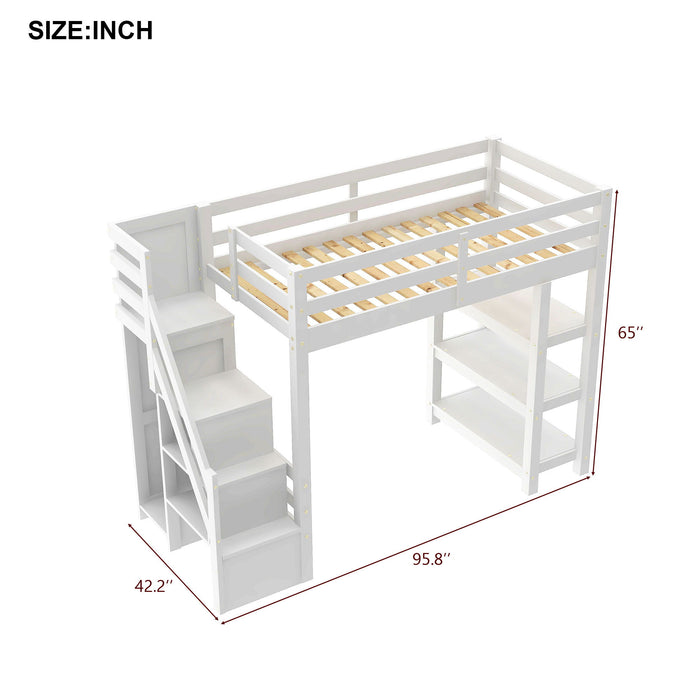 Loft Bed With 4 Layer Shelves, Storage Staircase, Small Wardrobe And LED Light