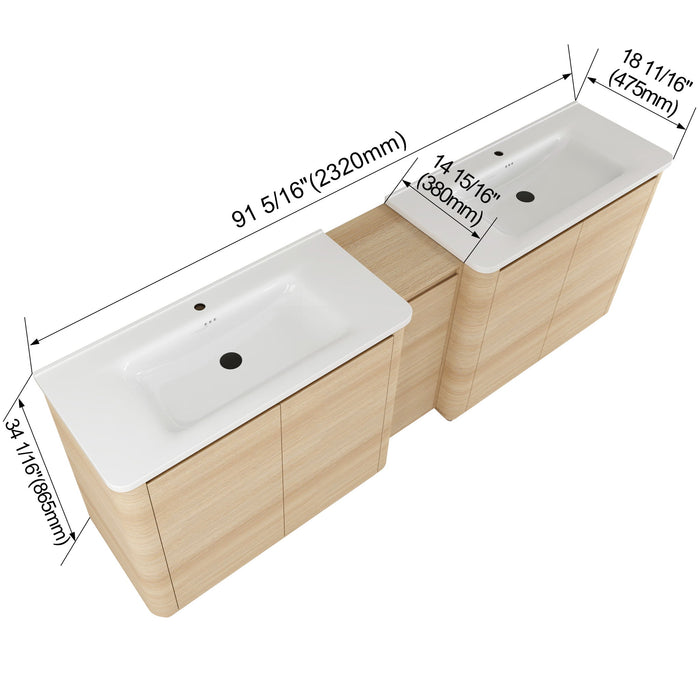 92" Freestanding Bathroom Vanity With Sink, 1 Small Storage Cabinet, Soft Close Door - Ameican White Oak