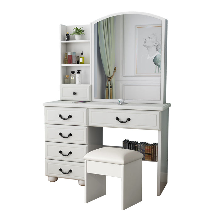 Fashion Vanity Desk With Mirror And Adjustable Lighting, 6 Drawers, 3 Color Light Modes - White