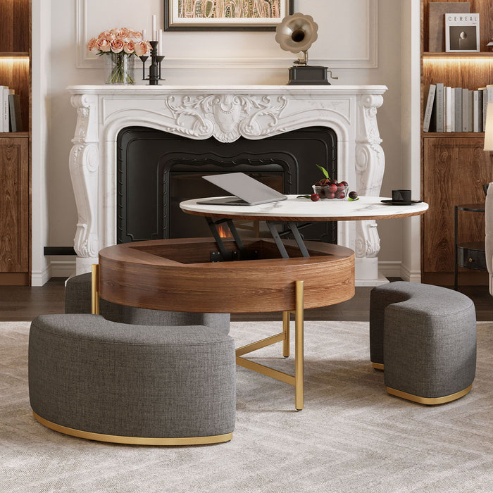 Lift Top Round Coffee Table With Hidden Storage, 3 Upholstered Nesting Ottomans - Brown / Gray / Golden / White