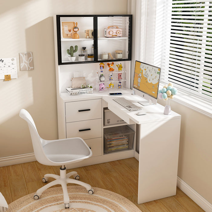 L-Shaped Computer Desk With Glass Cabinets, Built In LED Lights, USB Charging Ports
