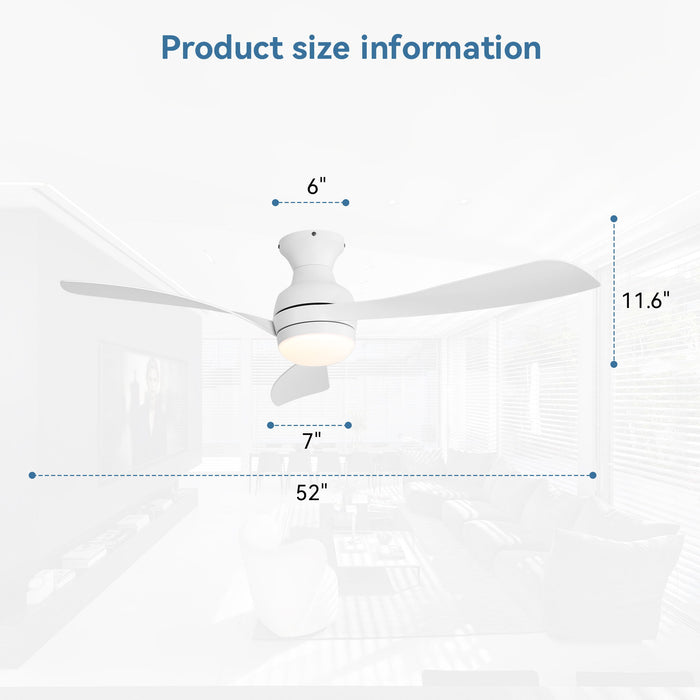 52" Low Profile Ceiling Fan With Lights, Quiet Reversible DC Motor, Dimmable LED, 3 Blades - White