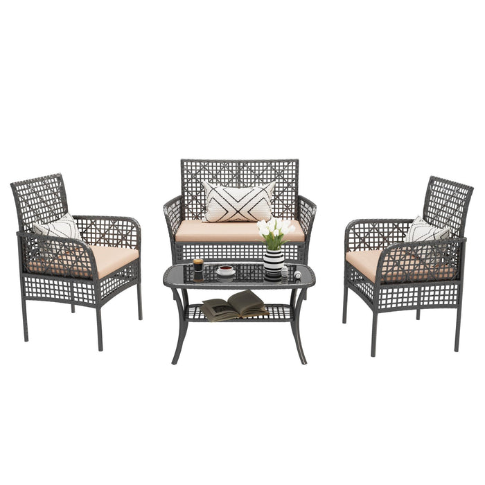 4 Pieces Rattan Wicker Chairs With Tempered Glass Table And Cushions