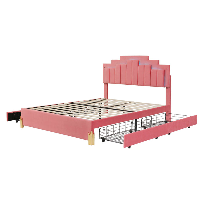 Queen Size Upholstered Platform Bed With LED Lights And 4 Drawers, Stylish Irregular Metal Bed Legs Design - Pink
