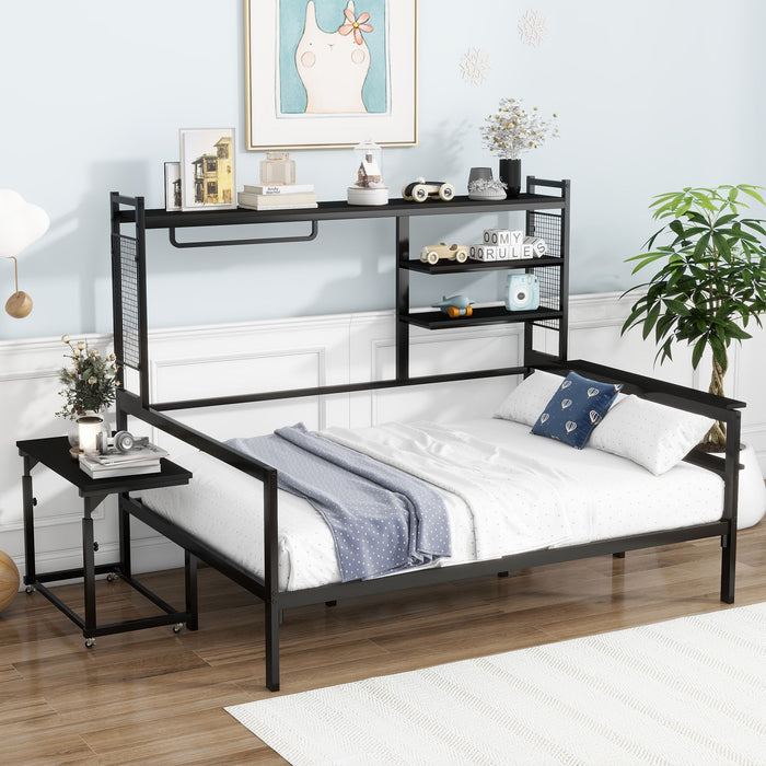 Daybed With Movable Desk, Grid, Shelves And Clothes Hanger
