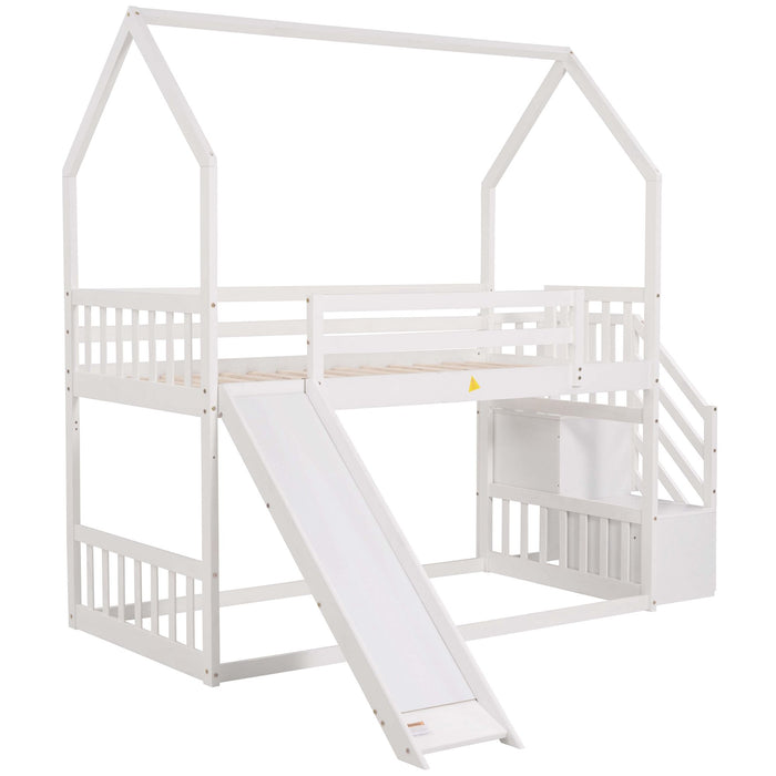 Twin Over Twin House Bunk Bed With Convertible Slide, Storage Staircase