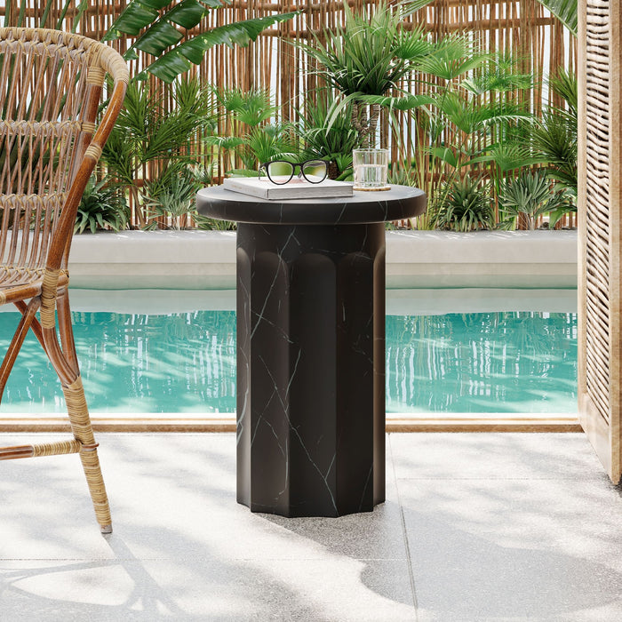 Outdoor Lightweight Concrete BMarble Effect Side Table, Living Room End Table - Black / Marble
