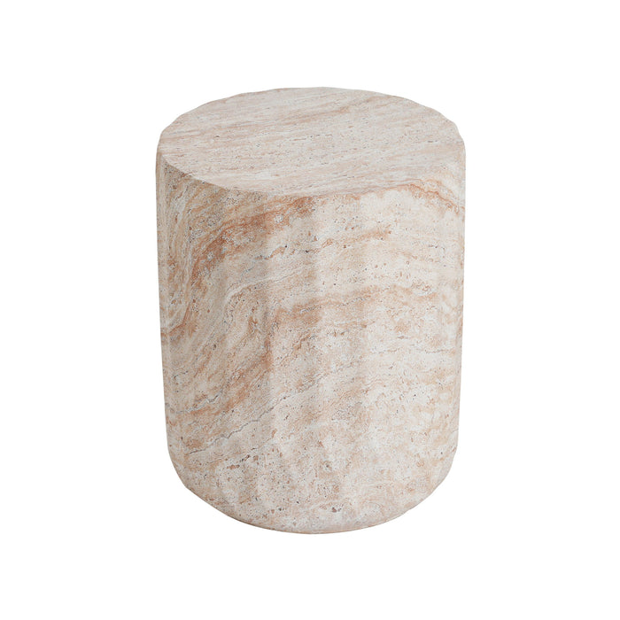 Outdoor / Indoor Lightweight Concrete Side Table, Cylinder Travertine Finish Accent Table - Beige