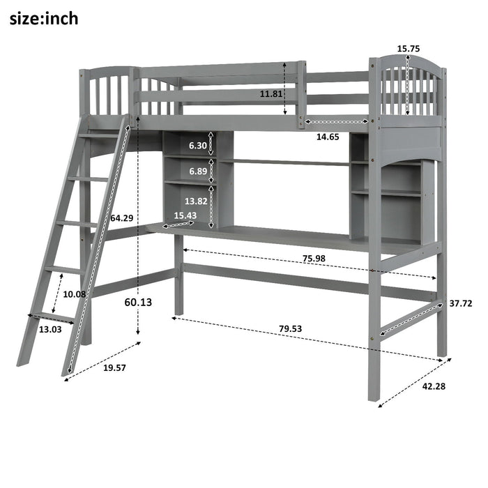 Loft Bed With Storage Shelves, Desk And Ladder