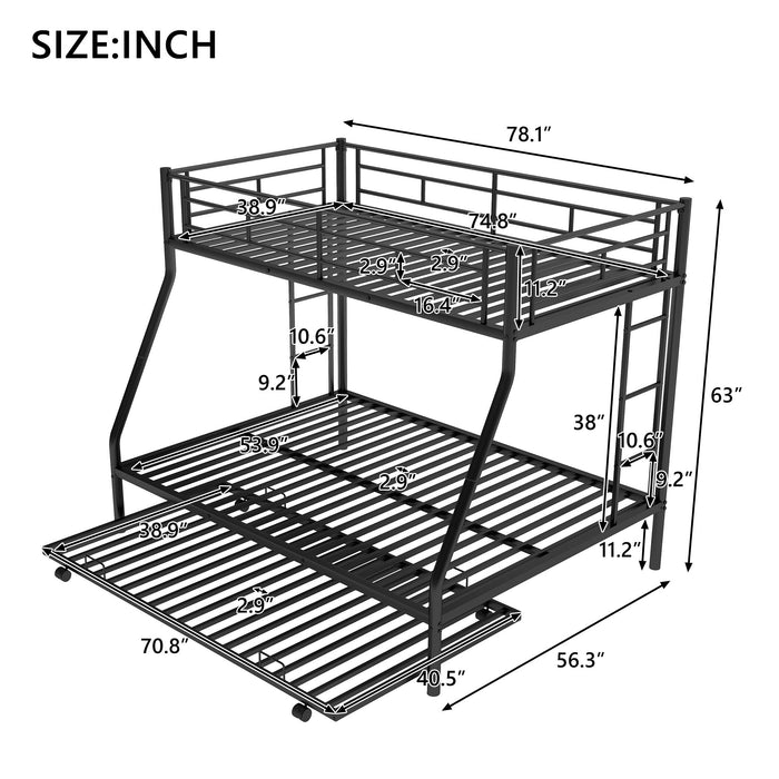 Bunk Bed With Steel Frame And Trundle, 2 Side Ladders