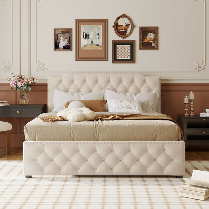 Upholstered Platform Bed With Trundle And 2 Sets Of USB Ports On Each Side, Linen Fabric