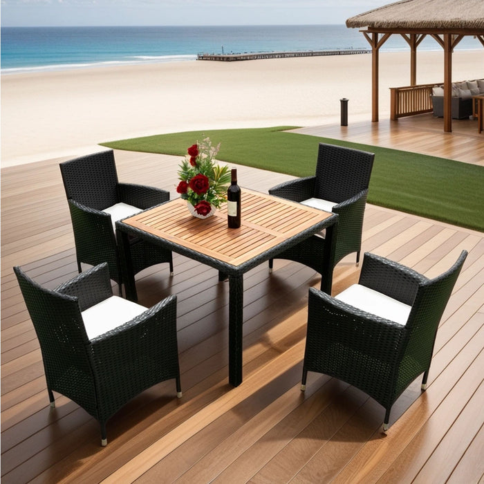 Outdoor Patio Wicker Dining Set With Acacia Wood Top
