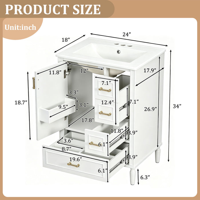 Modern Bathroom Vanity With Sink, Soft Close Doors, 3 Drawers