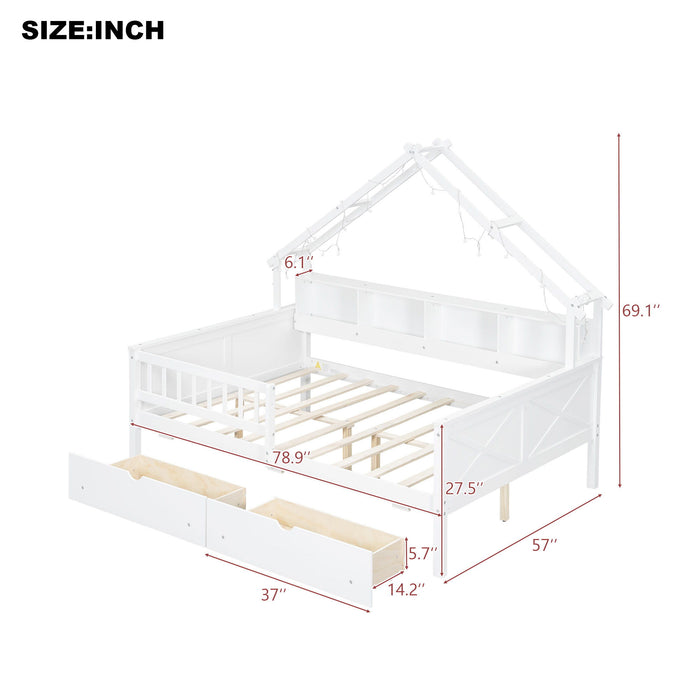 House Style Platform Bed With LED Lights, Storage Shelves, Drawers, And Guardrail