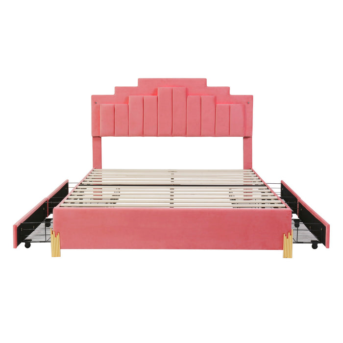Queen Size Upholstered Platform Bed With LED Lights And 4 Drawers, Stylish Irregular Metal Bed Legs Design - Pink