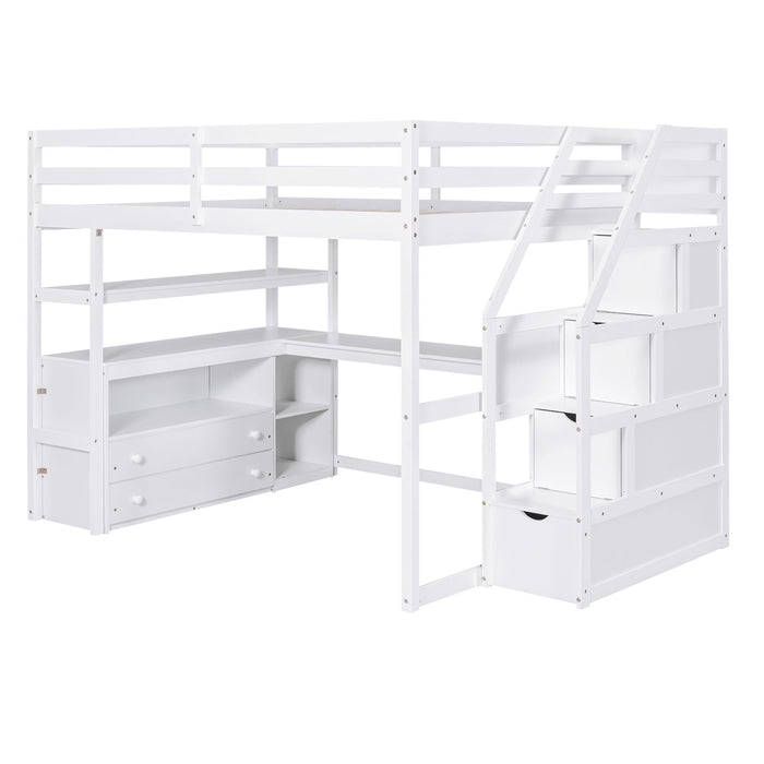 Loft Bed With Desk, Shelves, 2 Drawers, Storage Staircase
