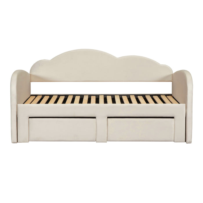 Upholstered Daybed With Cloud-Shaped Backrest, Trundle & 2 Drawers And USB Ports