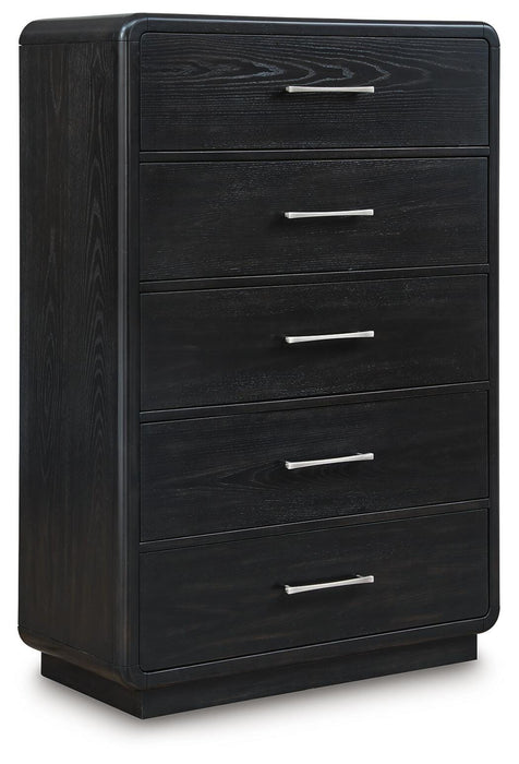 Rowanbeck King Upholstered Panel Bed, Dresser, Mirror, Chest and Nightstand