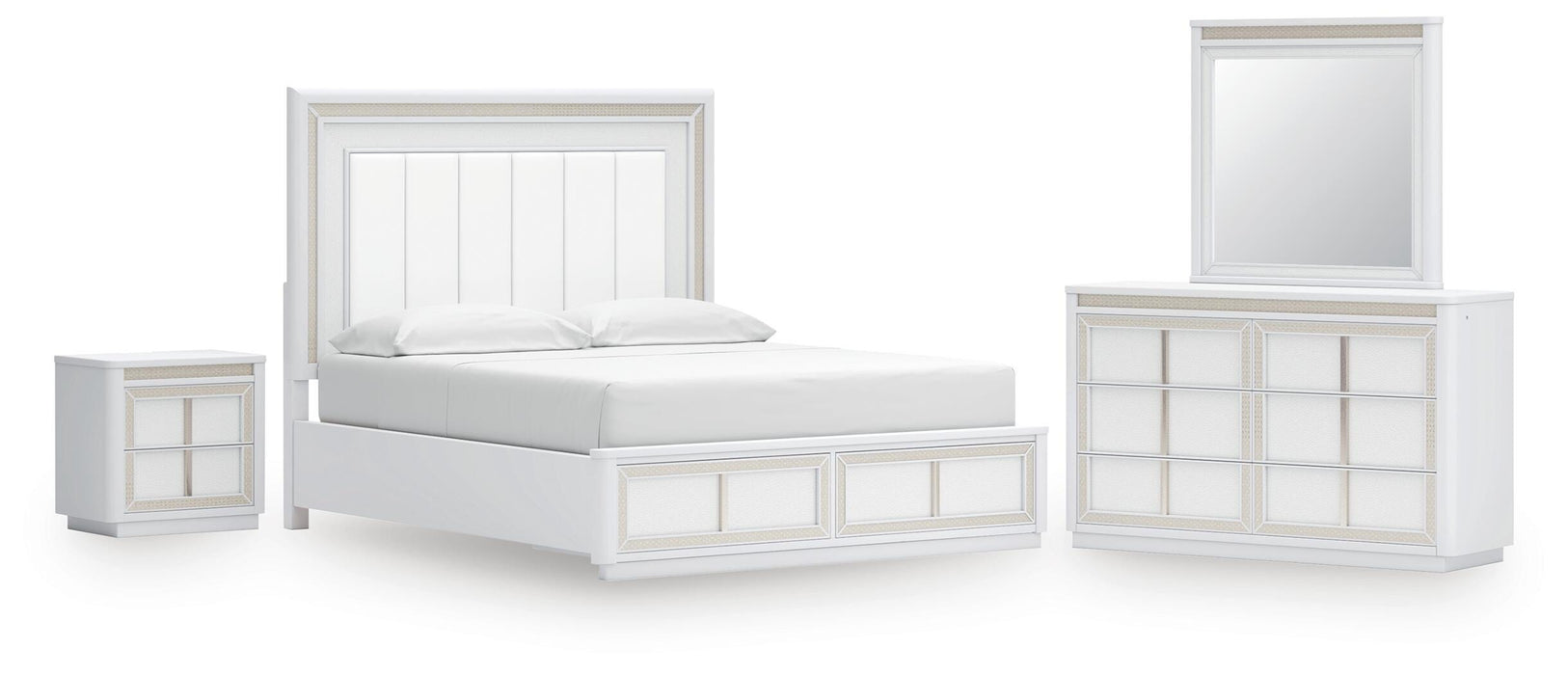 Chalanna California King Upholstered Storage Bed, Dresser, Mirror and Nightstand