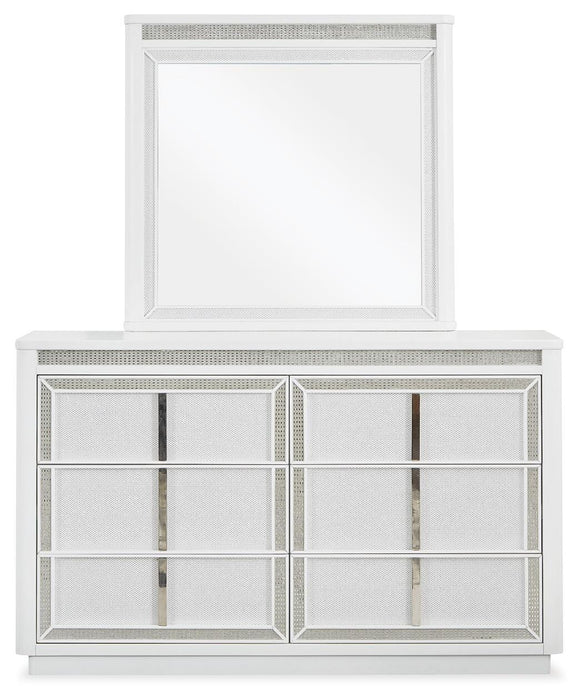 Chalanna California King Upholstered Storage Bed, Dresser, Mirror and Nightstand