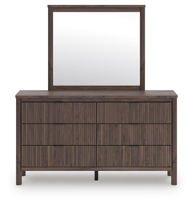 Pamytta Twin Upholstered Panel Platform Bed, Dresser and Mirror