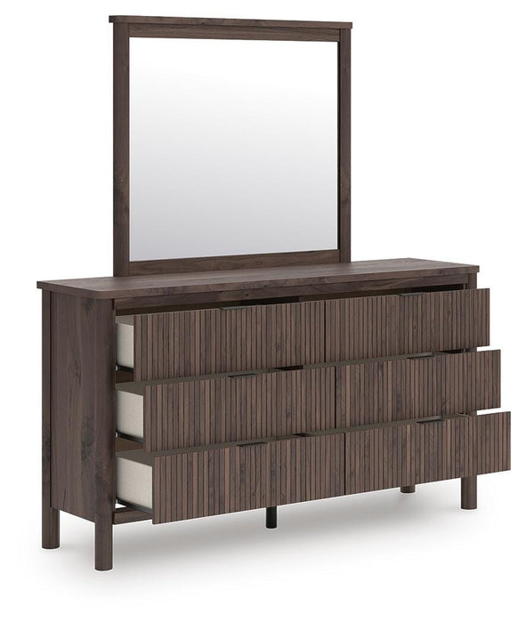 Pamytta Queen Upholstered Panel Platform Bed, Dresser, Mirror, Chest and Nightstand