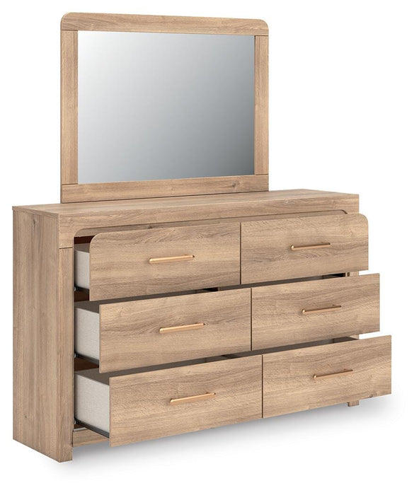 Kinlanni Queen Upholstered Platform Bed, Dresser, Mirror and Nightstand
