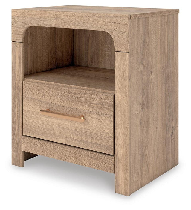 Kinlanni King Upholstered Panel Bed, Dresser, Mirror and Nightstand