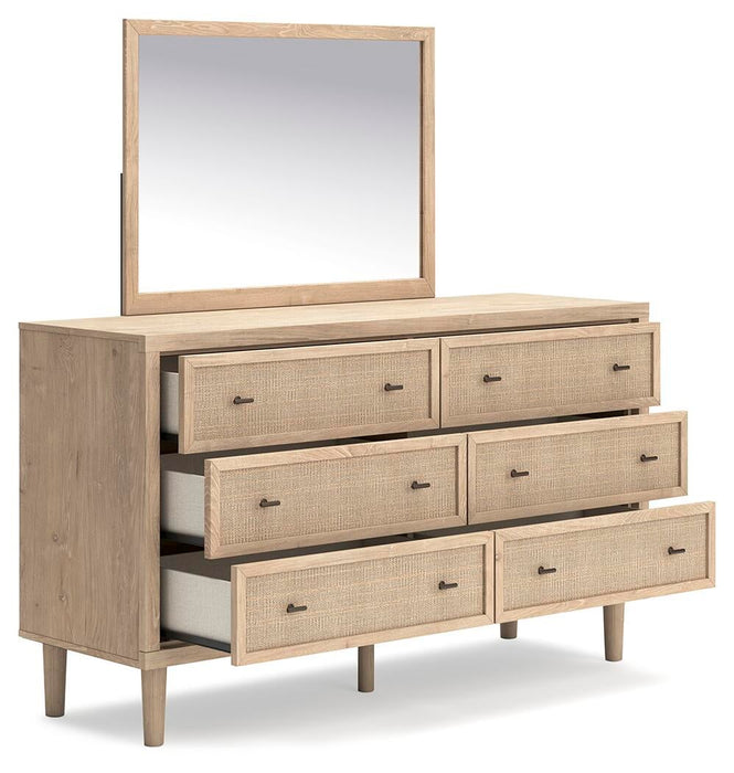 Cielden Full Upholstered Panel Bed with Mirrored Dresser and Nightstand