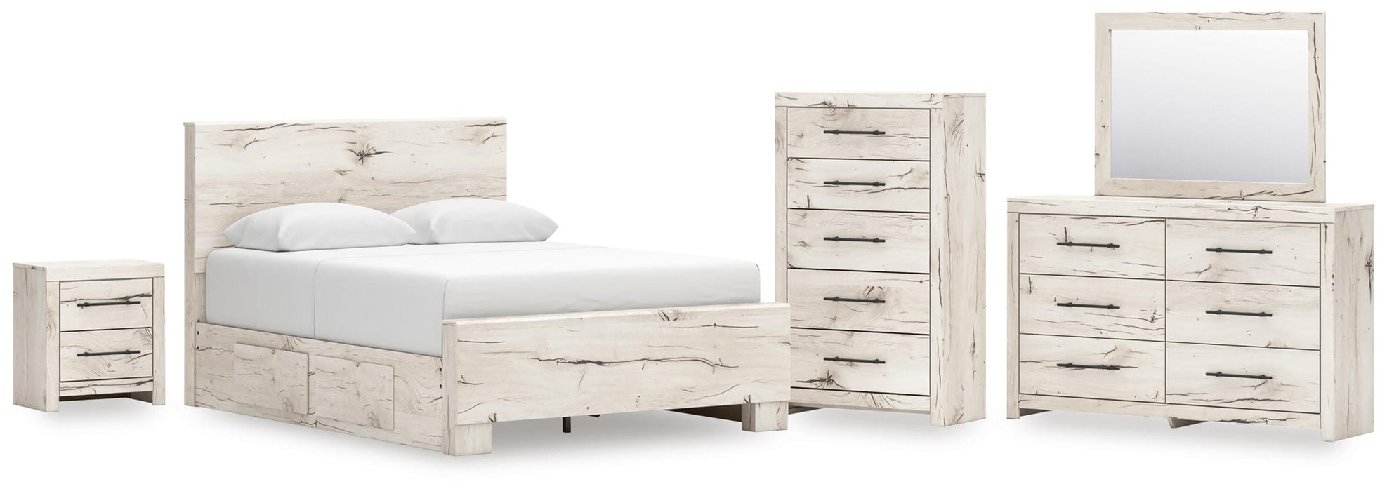 Lawroy Queen Panel Bed with Storage, Dresser, Mirror, Chest and Nightstand