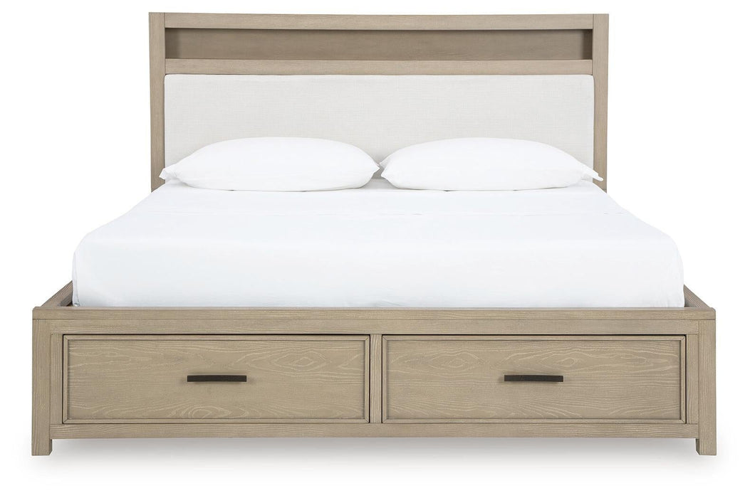 Calmoro King Bookcase Bed with Mirrored Dresser and Nightstand