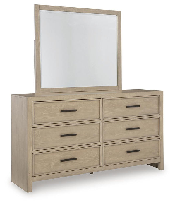 Calmoro King Bookcase Bed with Mirrored Dresser and Nightstand