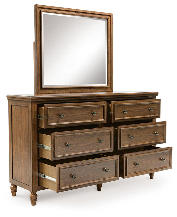 Sturlayne California King Upholstered Panel Bed, Dresser, Mirror and Nightstand