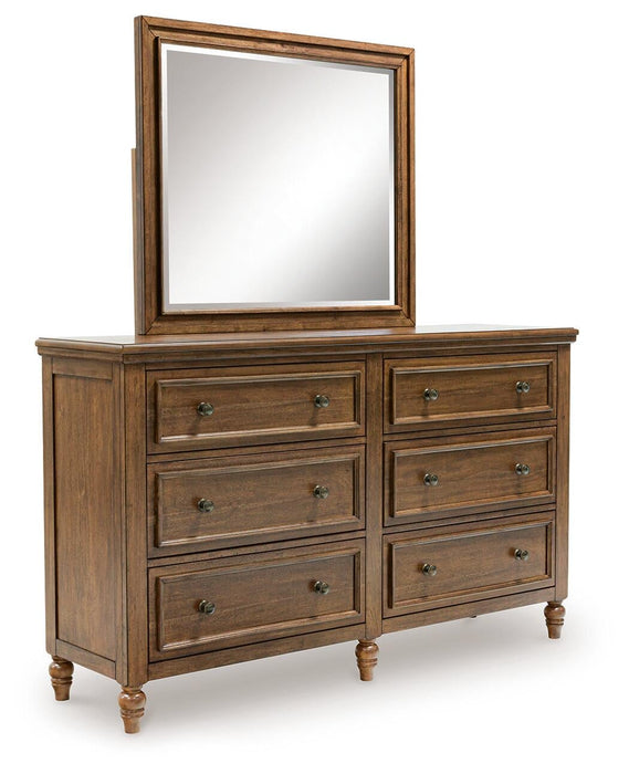 Sturlayne California King Upholstered Panel Bed, Dresser, Mirror and Nightstand