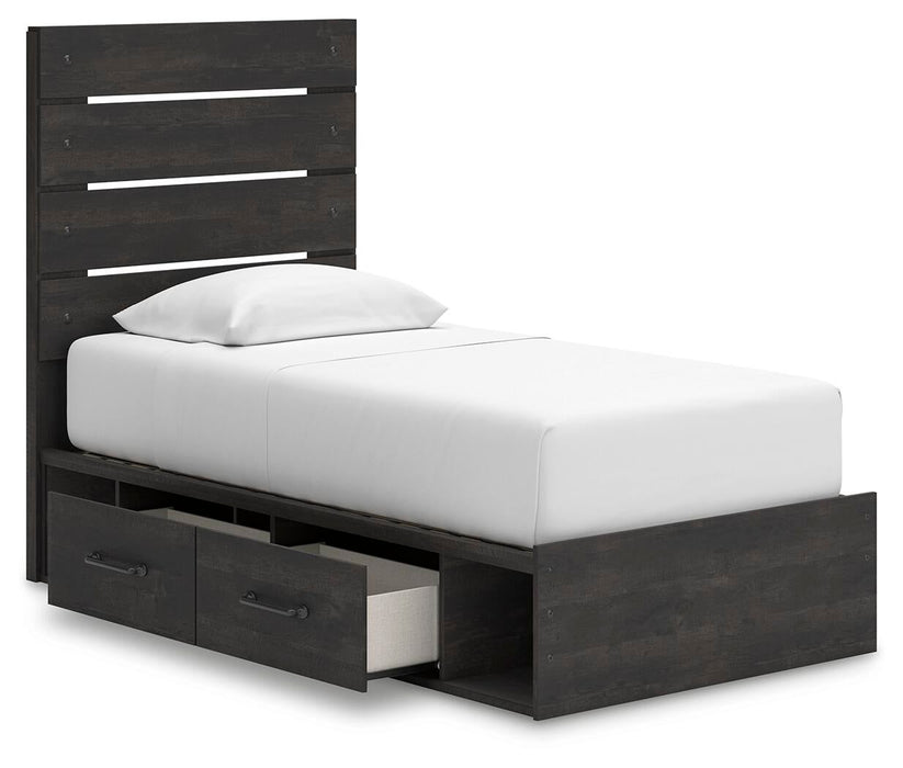 Delmorta Twin Panel Storage Bed, Dresser, Mirror and Nightstand