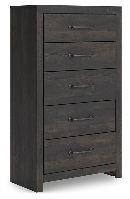 Delmorta King Panel Bed, Dresser, Mirror, Chest and Nightstand
