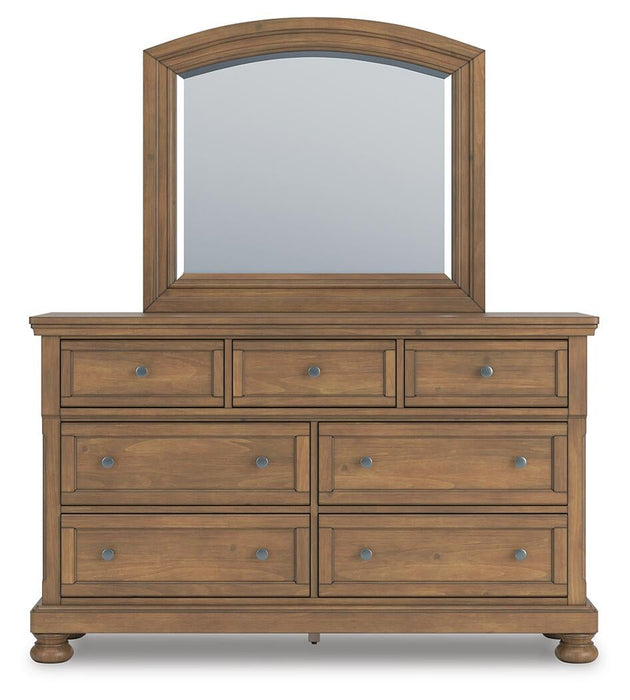 Vandenmore California King Storage Sleigh Bed with Mirrored Dresser and Nightstand